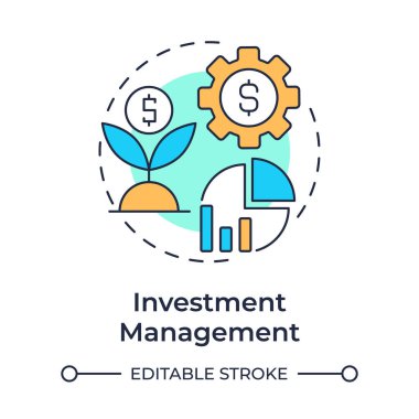 Yatırım yönetimi çok renkli konsept simgesi. Veri analizi için istatistiksel ölçüler. İş ilerlemesi takip ediliyor. Yuvarlak şekil çizimi. Soyut bir fikir. Grafik tasarımı. Kullanımı kolay