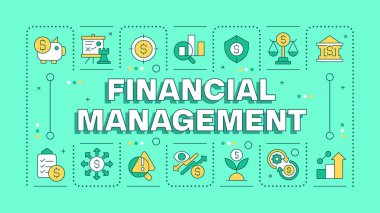 Finansal yönetim yeşil kelime kavramı. Bankacılık kurumları düzenlemesi. İstatistik artışı. Tipografi afişi. Başlık metniyle vektör illüstrasyonu, düzenlenebilir simge rengi. İnbot Sans yazı tipi kullanıldı