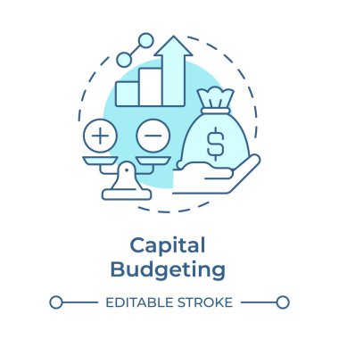 Sermaye bütçeli yumuşak mavi konsept ikonu. Para çantası. Finansal yönetim. Muhasebe hesapları. Yuvarlak şekil çizimi. Soyut bir fikir. Grafik tasarımı. Bilgide ve sunumda kullanması kolay