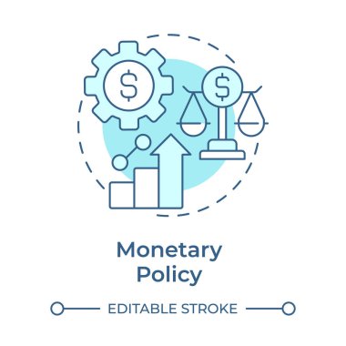 Para politikası yumuşak mavi kavram ikonu. Ekonomik hedefler. İstatistik çizelgesi, analiz. Yuvarlak şekil çizimi. Soyut bir fikir. Grafik tasarımı. Bilgide ve sunumda kullanması kolay
