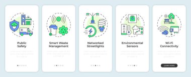 Akıllı şehir altyapısı ve hizmetleri mobil uygulama ekranında. Doğrusal kavramlarla düzenlenebilir grafik yönergelerini 5 adımda gezdir. UI, UX, GUI. Montserrat Yarı Kalın, Düzenli yazı tipleri