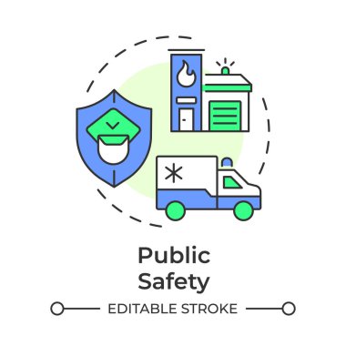 Kamu güvenliği çok renkli konsept ikonu. İnsanların ve malların korunması. Akıllı şehir altyapısı ve hizmetleri. Yuvarlak şekil çizimi. Soyut bir fikir. Grafik tasarımı. Kitapçıkta kullanması kolay