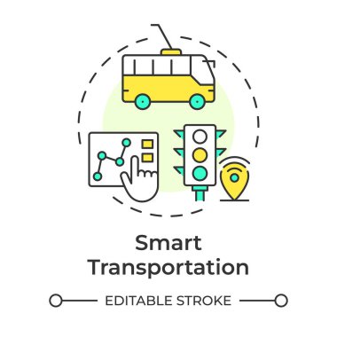 Akıllı ulaşım çok renkli konsept simgesi. Şehir genelinde erişilebilirliği arttırıyorum. Sürdürülebilir kentsel gelişim. Yuvarlak şekil çizimi. Soyut bir fikir. Grafik tasarımı. Kitapçıkta kullanması kolay