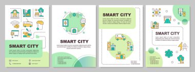 Zeki şehir yeşil daire broşürü. Şehir hizmetleri geliştirme teknolojisi. Renk çizgisi simgeli broşür reklam tasarımı. Düzenlenebilir 4 sayfa. Kullanılan Arial-Kalın, Myriad Pro-Normal yazı tipleri