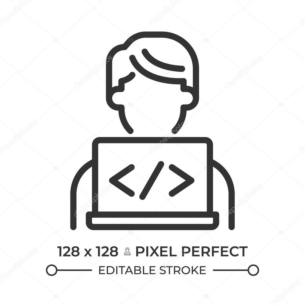 Programmer pixel perfect line icon. Web developer working on laptop. Engineer writing software code. Isolated vector illustration. Outline symbol. Simple linear drawing. Editable stroke