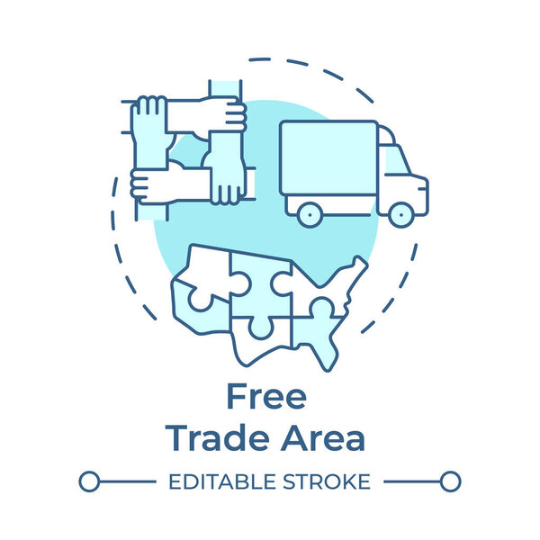 Символ зоны свободной торговли мягкий синий. Организация логистики. Распространение продукции. Иллюстрация круглой формы. Абстрактная идея. Графический дизайн. Простота использования в статье, брошюре