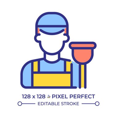 Tesisatçı pikseli mükemmel çizgi renk simgesi. Pompalı adam. Boruların tamiri, tesisat ve su tedarik işi. İzole vektör çizimi. Düz renkli sembol tasarımı. Düzenlenebilir vuruş
