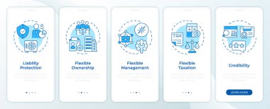 LLC Blue 'nun mobil uygulama ekranındaki faydaları. Sınırlı sorumluluk. Doğrusal kavramlarla düzenlenebilir grafik yönergelerini 5 adımda gezdir. UI, UX, GUI. Montserrat Yarı Kalın, Düzenli yazı tipleri