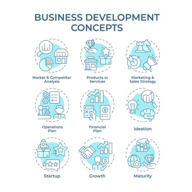 İş geliştirme yumuşak mavi konsept simgeleri. Ticari faaliyet performansını arttırıyorum. Finansal hedefler belirleniyor. Simge paketi. Vektör görüntüleri. Kitapçık için yuvarlak şekilli çizimler. Soyut fikir
