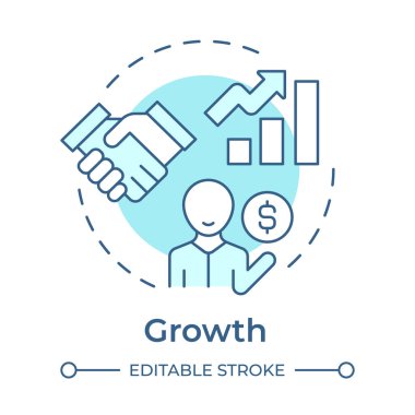 Yumuşak mavi konsept ikonu. Müşteri ve gelir elde etmek. Başlangıç büyüme aşaması. İş geliştirme. Yuvarlak şekil çizimi. Soyut bir fikir. Grafik tasarımı. Bilgide kullanması kolay