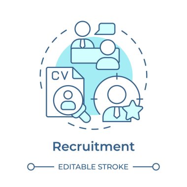 İşe alım, yumuşak mavi konsept simgesi. Takım için uygun adayları işe alıyorum. Çalışanların yaşam döngüsü. Yuvarlak şekil çizimi. Soyut bir fikir. Grafik tasarımı. Promosyon malzemelerinde kullanması kolay,