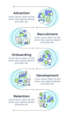 Çalışan yaşam döngüsü bilgi tasarım şablonu. Şirket kariyeri. İK yönetim stratejisi. Veri görselleştirme 5 seçenekleri. Dikey akış şemasını işleyin. Montserrat Yarı Kalın, Lato Düzenli yazı tipleri