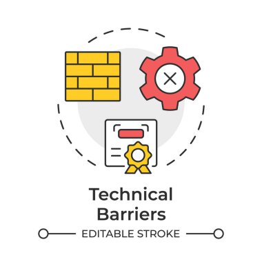 Teknik engeller çok renkli konsept simgesi. Uluslararası ticaret, sertifika yönetmeliği. Standart kontrol. Yuvarlak şekil çizimi. Soyut bir fikir. Grafik tasarımı. Kullanımı kolay, broşür