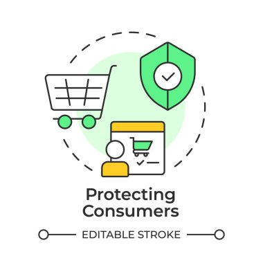 Tüketicilerin çok renkli konsept simgelerini korumak. Müşteri hakları. İnternetten aldım. İş güvenliği. Yuvarlak şekil çizimi. Soyut bir fikir. Grafik tasarımı. Kullanımı kolay, broşür
