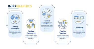 LLC dikdörtgen bilgi vektörünün faydaları. Sınırlı sorumluluk şirketi. İş stratejisi. Veri görselleştirmesi 5 adımda. Düzenlenebilir dikdörtgen seçenekler çizelgesi. Kullanılan Lato Kalın, Düzenli yazı tipleri