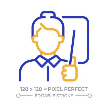 Öğretmen portresi pikseleni mükemmel iki renk çizgisi simgesi. Profesyonel bayan eğitimci, elinde bir işaret tutuyor. Okul personeli çift renkli ana hatlı sembol. Duotone lineer piktogram. İzole bir illüstrasyon. Düzenlenebilir vuruş