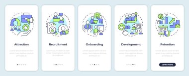 Çalışan yaşam döngüsü mobil uygulama ekranında. Şirket kariyeri. Doğrusal kavramlarla düzenlenebilir grafik yönergelerini 5 adımda gezdir. UI, UX, GUI. Montserrat Yarı Kalın, Düzenli yazı tipleri