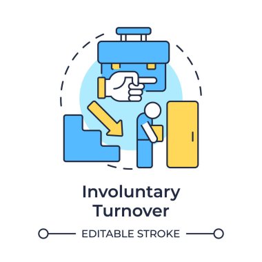 İstemsiz ciro çok renkli konsept simgesi. Atış işçisi pozisyonundan. Personel zayiatı. Yuvarlak şekil çizimi. Soyut bir fikir. Grafik tasarımı. Promosyon malzemelerinde kullanması kolay,