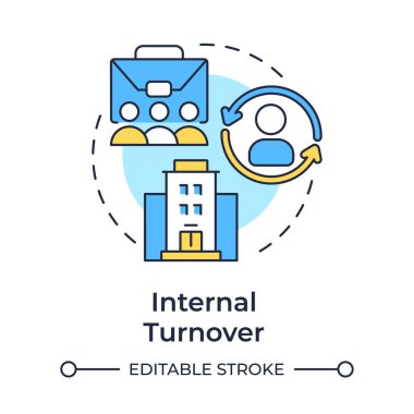 İç ciro çok renkli konsept simgesi. İşçi başka bir bölüme taşınıyor. Personel zayiatı. Yuvarlak şekil çizimi. Soyut bir fikir. Grafik tasarımı. Promosyon malzemelerinde kullanması kolay,