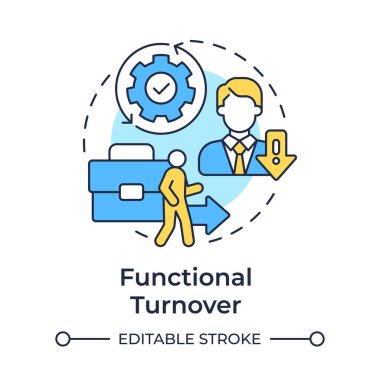Fonksiyonel ciro çok renkli konsept simgesi. Kötü performans gösteren personel. Personel zayiatı. Yuvarlak şekil çizimi. Soyut bir fikir. Grafik tasarımı. Promosyon malzemelerinde kullanması kolay,