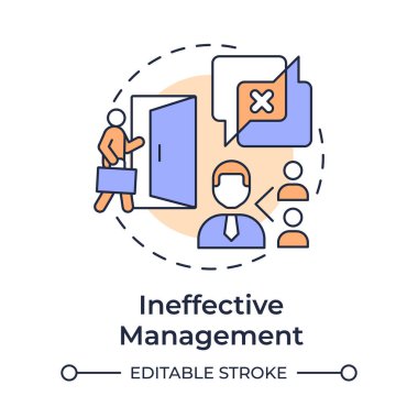 Etkisiz yönetim çok renkli konsept simgesi. Yetenek kaybı. Gönüllü çalışan alımı yüzünden. Yuvarlak şekil çizimi. Soyut bir fikir. Grafik tasarımı. Promosyon malzemelerinde kullanması kolay,