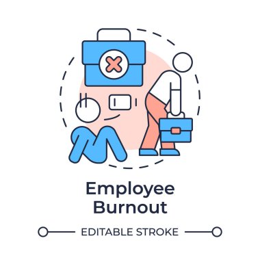 Çalışan tükenmiş çok renkli konsept simgesi. Yorgunluk. İstemsiz çalışan değişiminin sebebi. Yuvarlak şekil çizimi. Soyut bir fikir. Grafik tasarımı. Promosyon malzemelerinde kullanması kolay,