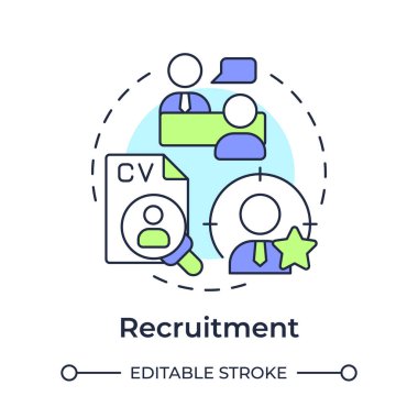 İşe alım çok renkli konsept simgesi. Takım için uygun adayları işe alıyorum. Çalışanların yaşam döngüsü. Yuvarlak şekil çizimi. Soyut bir fikir. Grafik tasarımı. Promosyon malzemelerinde kullanması kolay,
