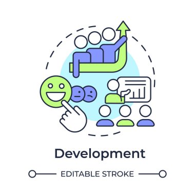Çok renkli konsept ikonu geliştirme. Yetenekler, bilgi, yetenekler geliştiriyor. Çalışanların yaşam döngüsü. Yuvarlak şekil çizimi. Soyut bir fikir. Grafik tasarımı. Promosyon malzemelerinde kullanması kolay,