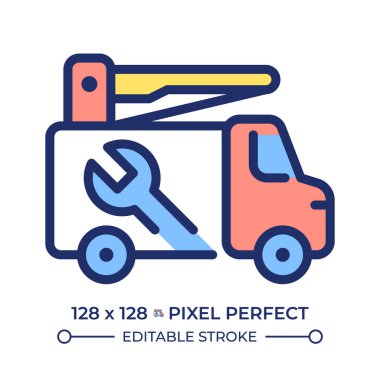 Araç pikseli mükemmel çizgi renk simgesi. Bakım servisi, yol yardımı. Tamir aracı. İzole vektör çizimi. Düz renkli sembol tasarımı. Düzenlenebilir vuruş