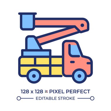 Kova kamyonu pikseli mükemmel çizgi renk simgesi. Kamyon servisi. Hidrolik direk. Havadan kaldırma, inşaat nakliyesi. İzole vektör çizimi. Düz renkli sembol tasarımı. Düzenlenebilir vuruş