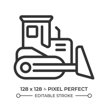 Bulldozer pixel perfect line icon. Earthmoving equipment. Heavy machinery, clearing land. Industrial vehicle. Isolated vector illustration. Outline symbol. Simple linear drawing. Editable stroke