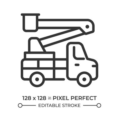Bucket truck pixel perfect line icon. Utility service truck. Hydraulic pole. Aerial lift, construction transport. Isolated vector illustration. Outline symbol. Simple linear drawing. Editable stroke