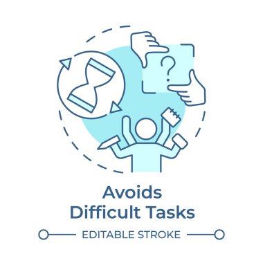 Zor görevlerden kaçınır. Yumuşak mavi konsept simgesi. Görev kaçamağı, ağırdan alan kişi. Yuvarlak şekil çizimi. Soyut bir fikir. Grafik tasarımı. Günlük paylaşımı ve kitapçığında kullanması kolay