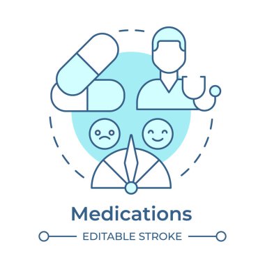 İlaçlar yumuşak mavi konsept ikonu. İlaç tedavisi, ilaç yönetimi gibi. Yuvarlak şekil çizimi. Soyut bir fikir. Grafik tasarımı. Günlük paylaşımı ve kitapçığında kullanması kolay