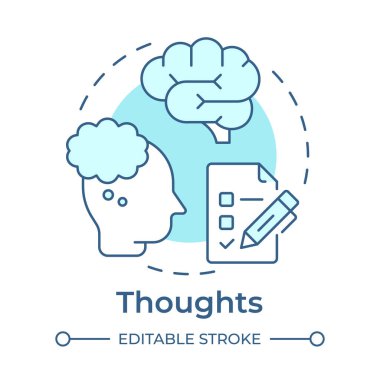 Düşünceler yumuşak mavi konsept ikonu. Zihinsel değerlendirme, bilişsel test. Özdeğerlendirme. Yuvarlak şekil çizimi. Soyut bir fikir. Grafik tasarımı. Günlük paylaşımı ve kitapçığında kullanması kolay