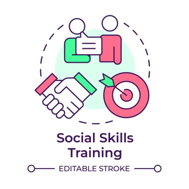 Sosyal beceriler, çok renkli kavram ikonu eğitimi. Ortaklık pazarlığı. Takım çalışması işbirliği. Yuvarlak şekil çizimi. Soyut bir fikir. Grafik tasarımı. Günlük paylaşımı ve kitapçığında kullanması kolay