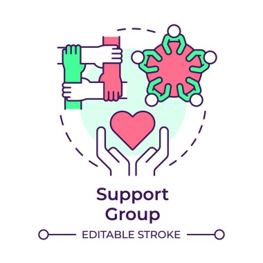 Destek grubu çok renkli konsept simgesi. Toplum müdahalesi, sosyal yardım. Duygusal destek için. Yuvarlak şekil çizimi. Soyut bir fikir. Grafik tasarımı. Günlük paylaşımı ve kitapçığında kullanması kolay