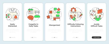 Seyyar uygulama ekranında dikkatsiz adhd. Görev yönetimi. Doğrusal kavramlarla düzenlenebilir grafik yönergelerini 5 adımda gezdir. UI, UX, GUI. Montserrat Yarı Kalın, Düzenli yazı tipleri