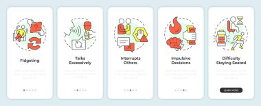 Hiperaktif adhd mobil uygulama ekranında. İletişim yetenekleri. Doğrusal kavramlarla düzenlenebilir grafik yönergelerini 5 adımda gezdir. UI, UX, GUI. Montserrat Yarı Kalın, Düzenli yazı tipleri