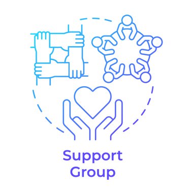 Destek grubu mavi gradyan konsept simgesi. Toplum müdahalesi, sosyal yardım. Duygusal destek için. Yuvarlak şekil çizimi. Soyut bir fikir. Grafik tasarımı. Günlük paylaşımı ve kitapçığında kullanması kolay