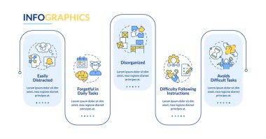 ADHD semptomları dikdörtgen bilgi vektörünü gösteriyor. İş yükü organizasyonu, günlük hatırlatmalar. Veri görselleştirmesi 5 adımda. Düzenlenebilir dikdörtgen seçenekler çizelgesi. Kullanılan Lato Kalın, Düzenli yazı tipleri