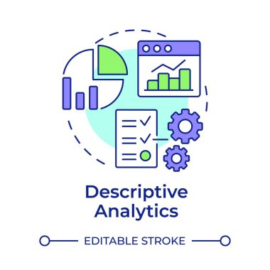 Tanımlayıcı analizler, çok renkli konsept simgesi. Üretim tabloları, performans değerlendirmesi. Yuvarlak şekil çizimi. Soyut bir fikir. Grafik tasarımı. Bilgide ve sunumda kullanması kolay