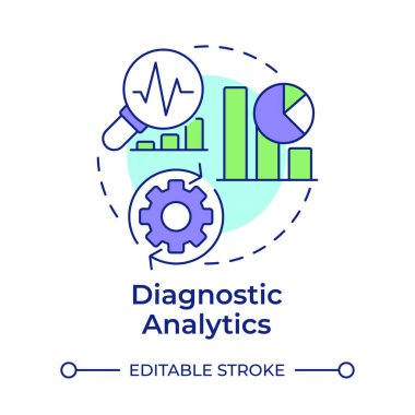 Teşhis analizleri çok renkli konsept simgesi. Veri analizi, performans değerlendirmesi. Yuvarlak şekil çizimi. Soyut bir fikir. Grafik tasarımı. Bilgide ve sunumda kullanması kolay