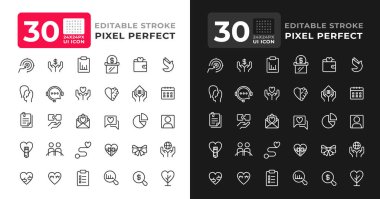 Bağışlar ışık ve karanlık mod için ayarlanmış ui simgelerini topluyor. Hayır kurumu faydaları. İhtiyacı olan insanlara yardım etmek. Vektör ana hatları simgeleri simgeler. Kullanıcı arayüzü ögeleri doğrusal, piksel mükemmel