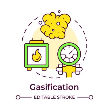 Gazlaştırma çok renkli konsept simgesi. Yanan biyoyakıt, yüksek sıcaklık. Atık yönetimi. Yuvarlak şekil çizimi. Soyut bir fikir. Grafik tasarımı. Makalede ve broşürde kullanması kolay