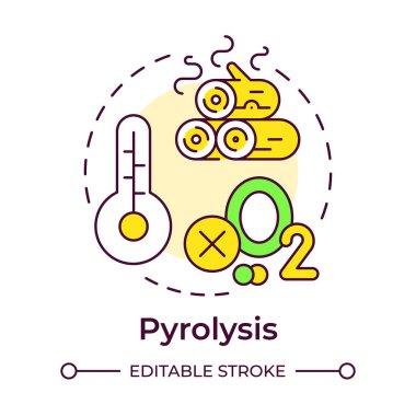 Pyrolysis çok renkli konsept simgesi. Yüksek ateş, yanan odun. Kimyasal işlem. Yuvarlak şekil çizimi. Soyut bir fikir. Grafik tasarımı. Makalede ve broşürde kullanması kolay