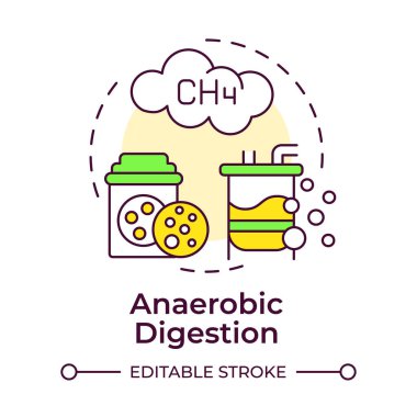 Anaerobik sindirim çok renkli konsept simgesi. Biyolojik süreç, biyogaz üretimi. Karbondioksit. Yuvarlak şekil çizimi. Soyut bir fikir. Grafik tasarımı. Makalede ve broşürde kullanması kolay