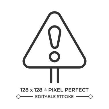 Uyarı işareti pikseli mükemmel çizgi simgesi. Potansiyel tehlike sinyali veriyor. Yol altyapısı. Trafik emniyeti. İzole vektör çizimi. Taslak sembol. Basit doğrusal çizim. Düzenlenebilir vuruş