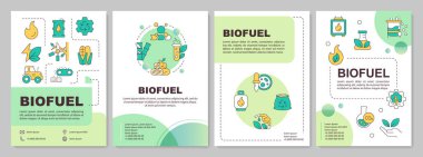 Biyoyakıt yeşil daire broşürü. Kimyasal süreçler, orman yönetimi. Renk çizgisi simgeli broşür reklam tasarımı. Düzenlenebilir 4 sayfa. Kullanılan Arial-Kalın, Myriad Pro-Normal yazı tipleri