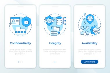 Bilgi güvenliği temel özellikleri mavi mobil uygulama ekranında. Doğrusal kavramlarla birlikte düzenlenebilir grafik yönergelerini gezdir. UI, UX, GUI. Montserrat Yarı Kalın, Düzenli yazı tipleri